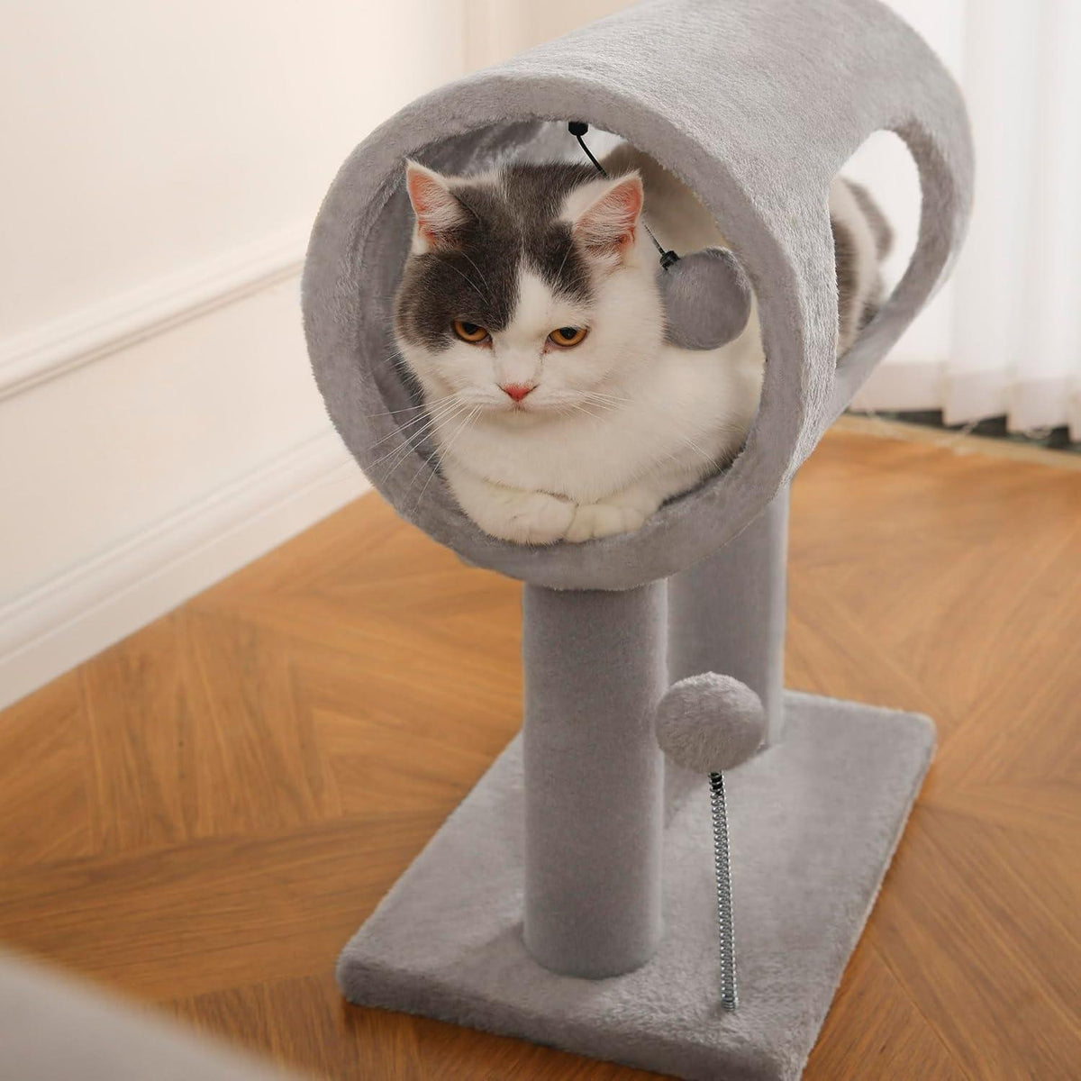 Gray Indoor Cat Tree With Hanging Ball 20.5Cat Tree With Tunnel Bed
