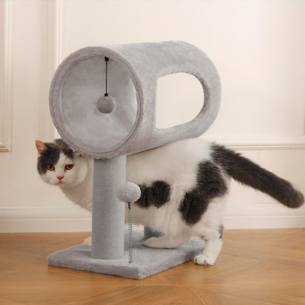 Gray Indoor Cat Tree With Hanging Ball 20.5Cat Tree With Tunnel Bed