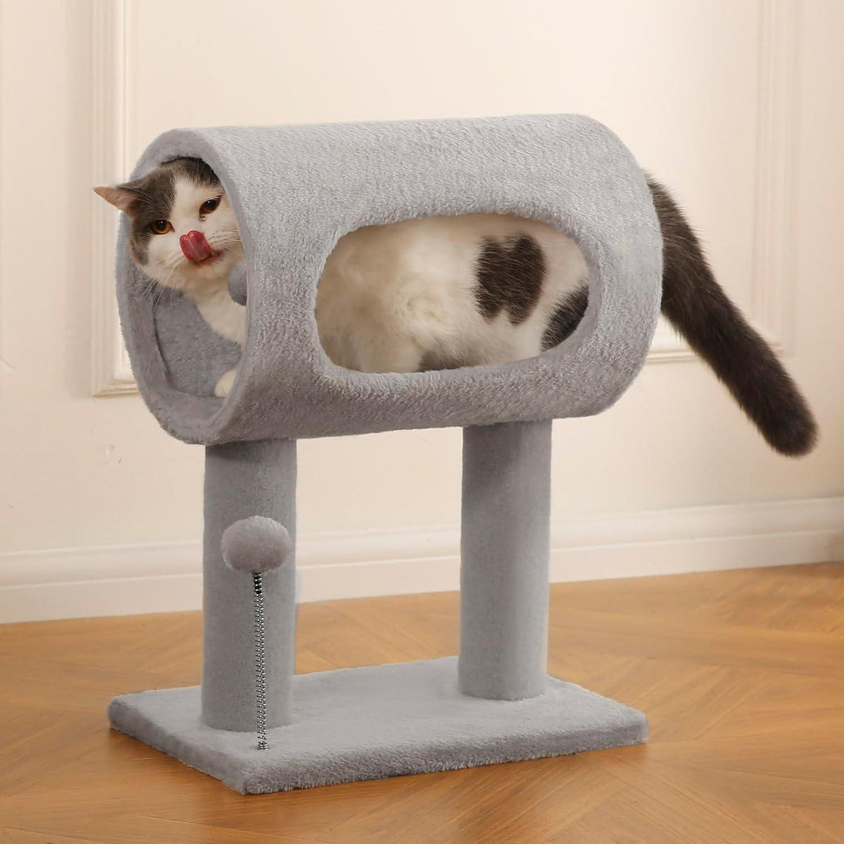 Gray Indoor Cat Tree With Hanging Ball 20.5Cat Tree With Tunnel Bed