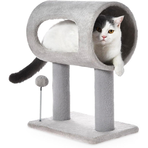 Gray Indoor Cat Tree With Hanging Ball 20.5Cat Tree With Tunnel Bed