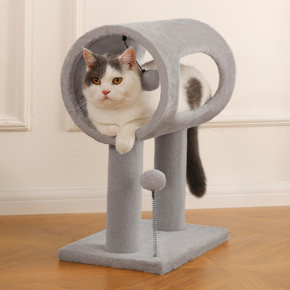 Gray Indoor Cat Tree With Hanging Ball 20.5Cat Tree With Tunnel Bed